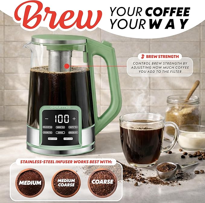 Gourmia Electric Glass Kettle – 1.7L Programmable Tea & Coffee Brewer with Digital Touch Display, 6 Presets, Removable Stainless Steel Infuser, Cordless with 360° Swivel Base, Green