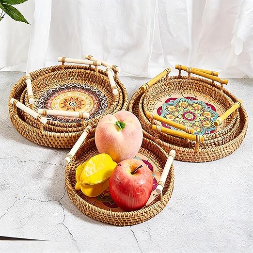 24cm/9.45in Oval Rattan Woven Tray Basket with Handles, Hand Woven Round Rattan Serving Decorative Wicker Trays for Table Decor (M)