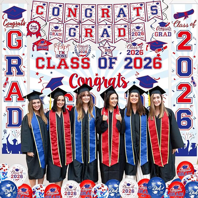 Graduation Decorations 2026 - Red and Blue Graduation Party Supplies Congrats Grad Backdrop & Banner, Hanging Swirls, Porch Sign, Balloons for High School & College Celebrations