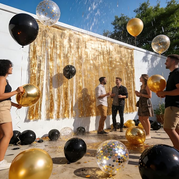 Gold Foil Curtain & Balloon Decoration Set, 2-Pack Metallic Fringe Curtains with Balloons & Garland for Birthday, Wedding, Holiday Photo Booths Ney Year Decorations