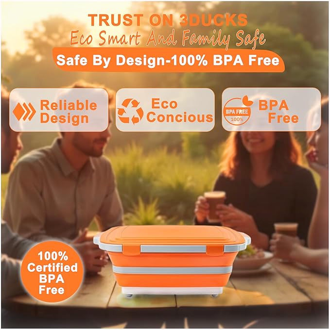 Ducks Collapsible BBQ Prep Tub 16L Orange | Portable Meat Marinating Container with Locking Cutting Board Lid, BBQ Tongs, Grill Mesh, Silicone Brush & 3 Roasting Sticks for Camping & Outdoor Grilling