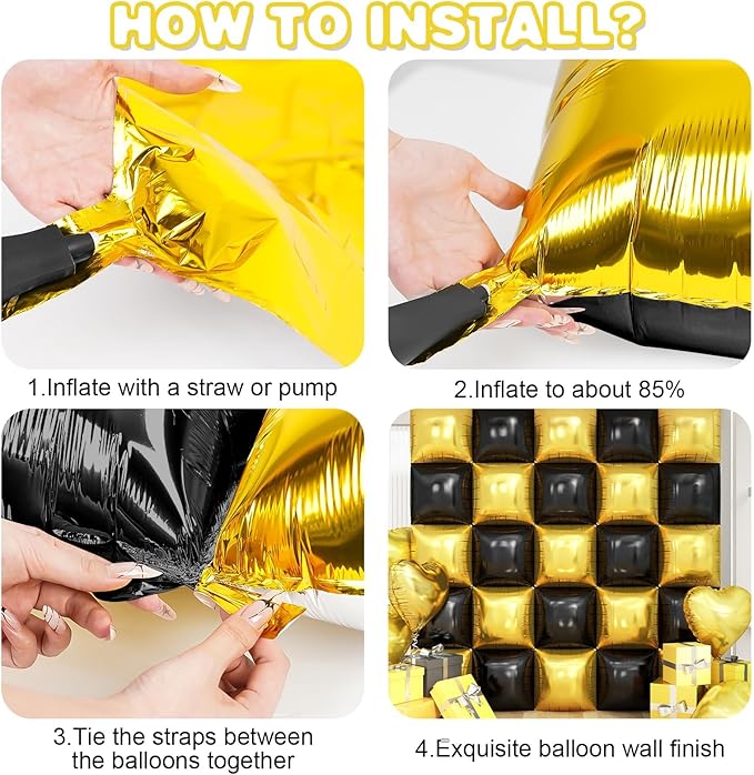 Black Gold Square Foil Balloon Wall,25Pcs Double Sided Balloon Backdrop Helium Balloons Tunnel Arch Garland Kit for 2026 New Year Eve Graduation Birthday Anniversary Party Decorations