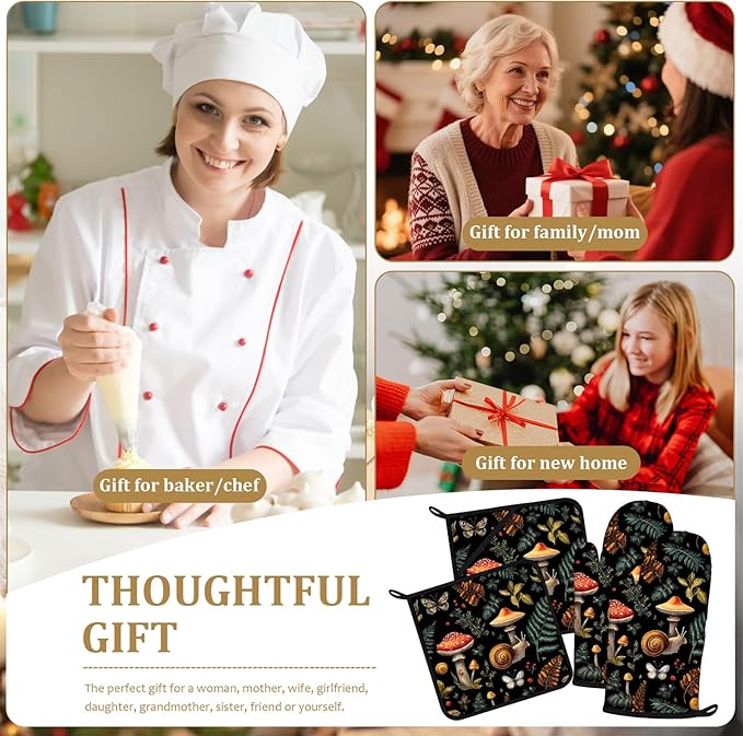 Black Mushroom Snail Oven Mitts and Pot Holders Sets 4Pcs Cute Plants Silicone Kitchen Gloves Heat Resistant Potholders for Baking Cooking Grilling BBQ