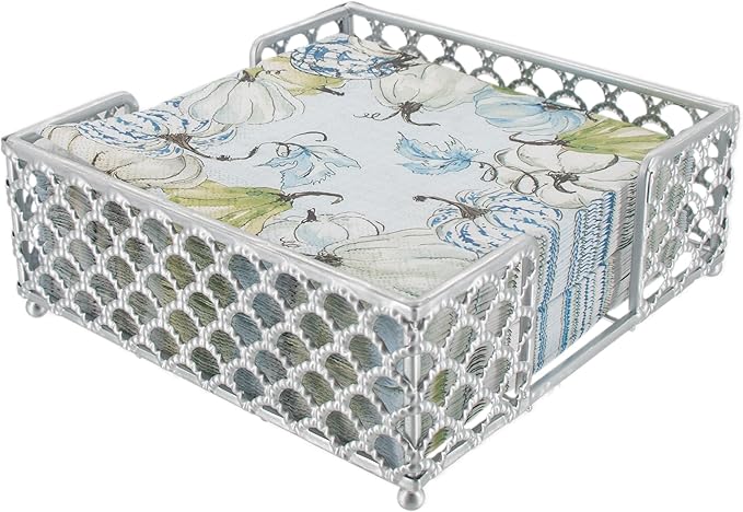 Boston International Paper Napkin Holder Caddy Dispenser for Kitchen Dining Buffet & Bar Countertops, 6.75" x 6.75" (Fits Lunch Size), Silver Scallop