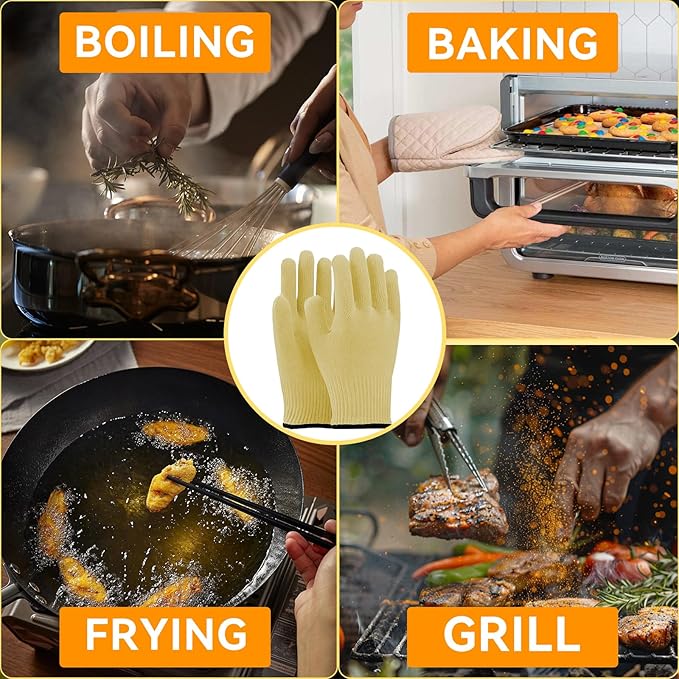 Heat Resistant Oven Gloves for Cooking, Grilling - Durable Aramid Oven Mitts Gloves with Fingers - Full Hand Protection, Ideal for Baking, Fryer, and BBQ
