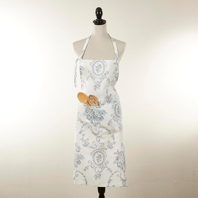 SARO LIFESTYLE Floral Linen Blend Kitchen Apron with Pocket – Adjustable Neck & Waist Ties for Cooking, Baking & Entertaining, 28"x35"