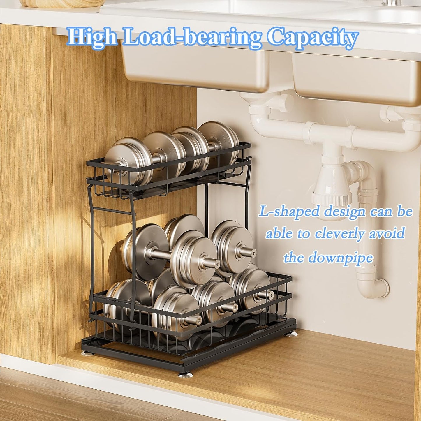 1 Pack Under Sink Organizers and Storage, 2 Tier Pull Out Cabinet Organizer, Metal Sliding Drawer Storage for Kitchen BathroomοΌBlack