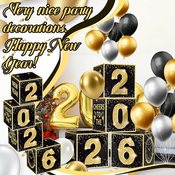 New Years Eve Party Supplies 2026 Balloon Box Kit Gold and Black New Years decorations for 2026 Happy Eve Party Decoration Supplies