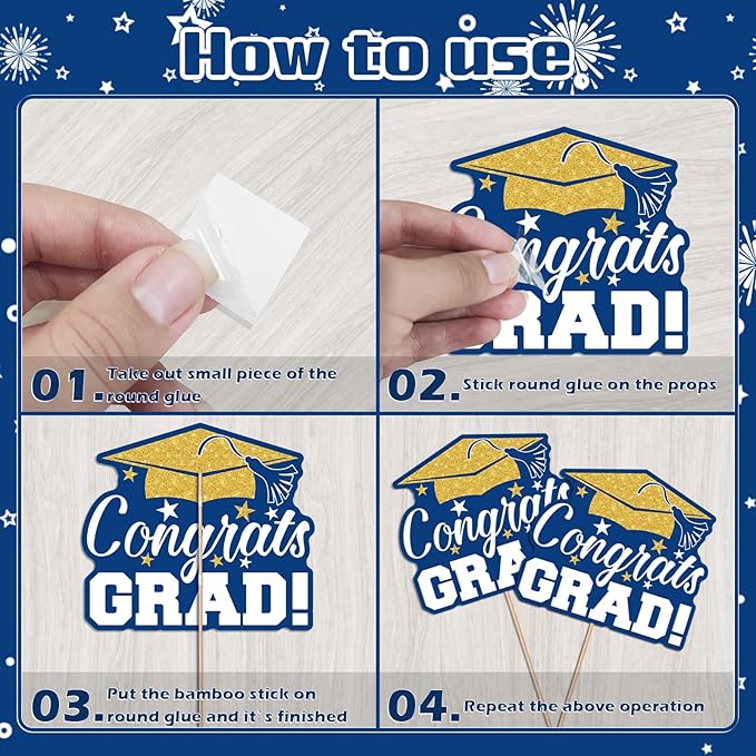 2026 Graduation Party Decorations - 24 Pcs Class of 2026 Congrats Grad Table Centerpieces Graduation Table Decorations Sticks Table Toppers for Graduation Party (Blue Gold)