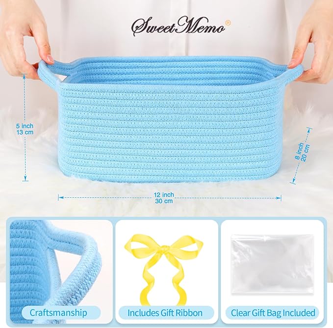 Large Empty Gift Baskets to Fill, Cute Woven Basket for Teen Girls, Women, Baby Shower - SweetMemo Decorative Small Toy Bin with Handles for Decor, Bathroom, with Gifting Bags and Ribbon, Sky Blue