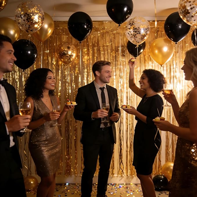 Gold Foil Party Curtain Kit with Balloons & Garland – 2-Pack Metallic Fringe Backdrop (3.28×6.56 ft) for Christmas, Graduation, Birthday Photo Booth New Year Decorations