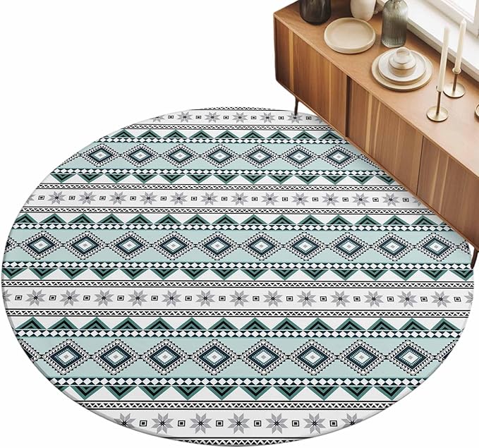 Washable Round Area Rug Boho Diamond Pattern Circle Rugs Floor Carpet for Living Room Bedroom, Ethnic Style Blue Strips Soft Non Slip Round Rug 3ft