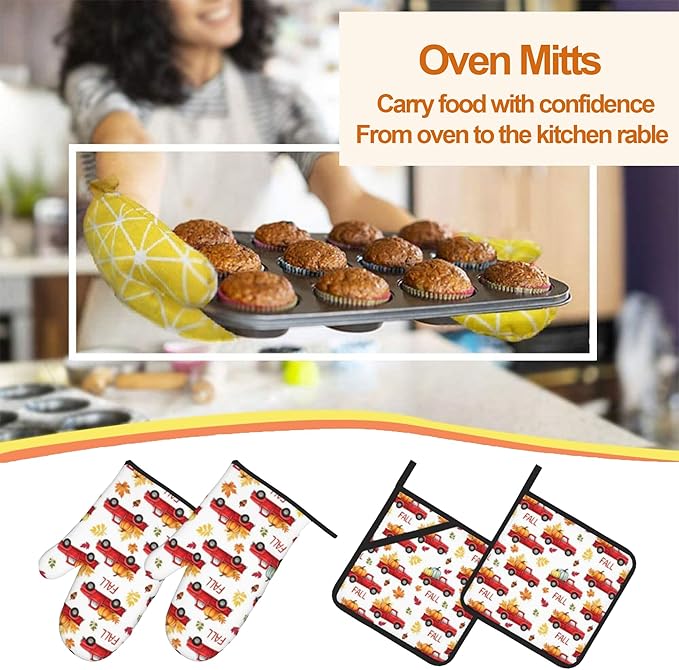 Fall Oven Mitts and Hot Pads Set - Truck Design, Heat Resistant Cute Pot Holders for Kitchen, Baking Gifts for Women
