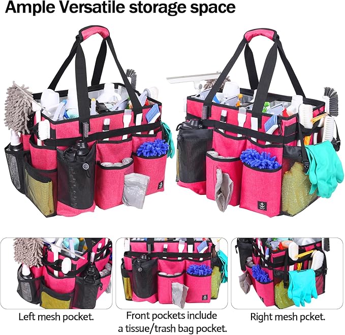 Extra large Rolling Cleaning caddy bag Built-in Hard Support Board,Cleaning Cart with Detachable Trolley, Housekeeping Cleaning caddy with Adjustable Shoulder Strap and Multiple Storage Pockets