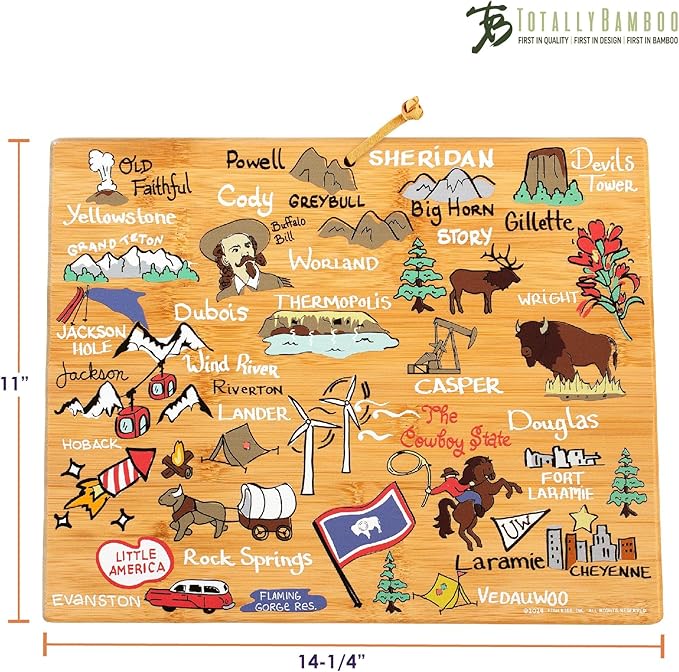 Totally Bamboo Wyoming State Shaped Cutting Board and Charcuterie Serving Platter with Artwork by Fish Kiss, Includes Hang Tie for Wall Display