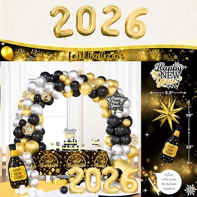 New Year Party Decorations 2026, Happy New Year's Eve Party Supplies Kit, 2026 Gold Black New Year Party Decor with Bckdrop Balloon Garland Tablecloth Balloon Boxes for 2026 Year Party