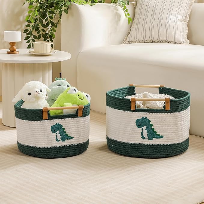 Large Blanket Basket 35L Cotton Rope Basket with Wooden Handles Woven Baskets for Kids Stuffed Animal Toys Storage for Nursery, Laundry Hamper Clothes Baby Hamper Boys Gift Basket Empty, (Dinosaur )