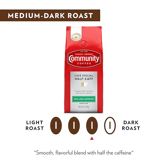 Community Coffee Cafe Special Half-Caff, Medium Dark Roast Ground Coffee, 12 Ounce (Pack of 1)