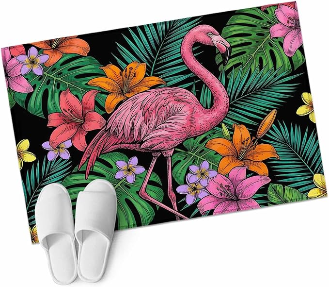 Area Rug 2x3ft, Pink Flamingos Tropical Leaf Washable Rugs for Living Room Bedroom, Colorful Lily Blossom Floral Soft Non-Slip Area Rugs Rectangle Floor Carpet for Dining Room