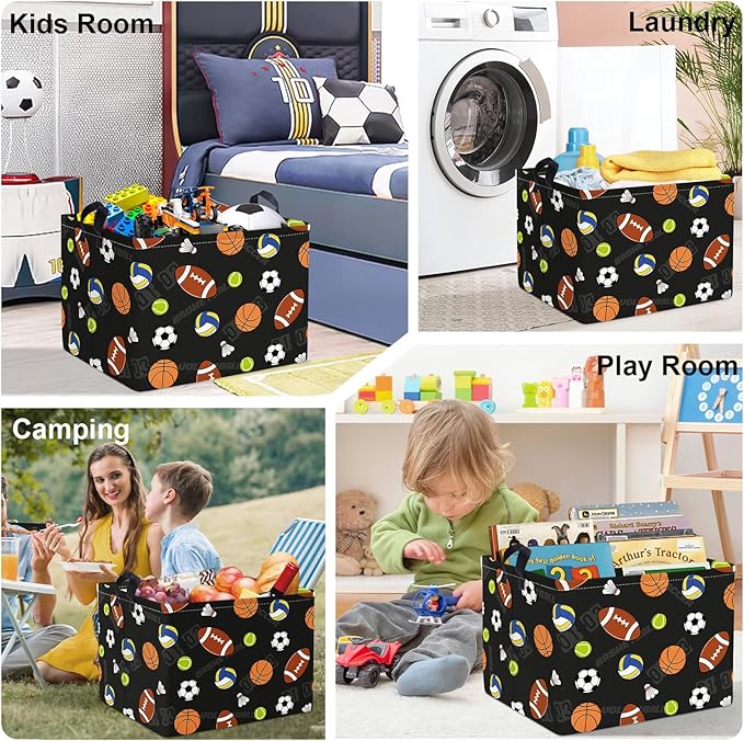 Sports Balls Baby Laundry Hamper Collapsible Clothes Kids Storage Basket Large Boys Gift Toy Box Bin for Play Room, Black, 36L