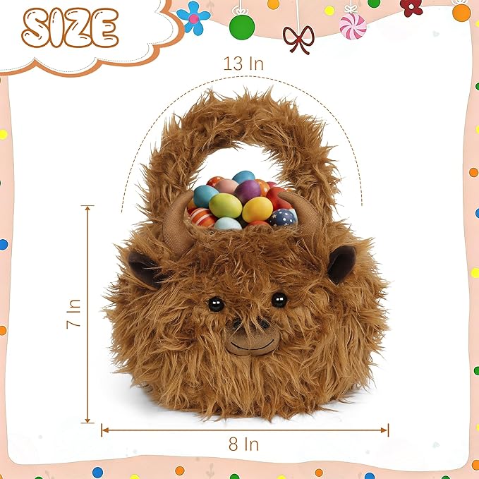 Easter Basket, Highland Cow Easter Baskets for Kids, Baskets with Handle for Gifts Empty, Bunny Egg Hunting, Basket Stuffers Essentials