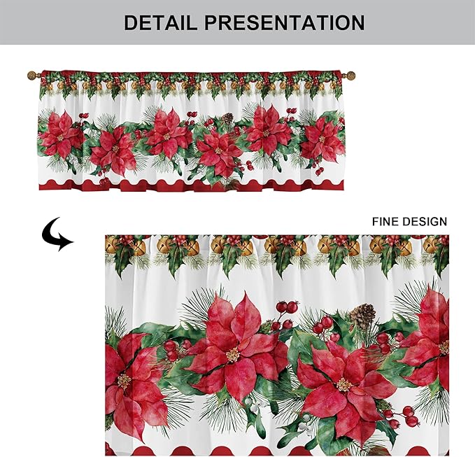Christmas Poinsettia Curtain Valances Set, Red and Green Rod Pocket Festive Xmas Decor for Kitchen, Bedroom, Bathroom, Laundry Short Curtains 52Lx18W inch 36Lx26W inchx2, 3 Panel Set