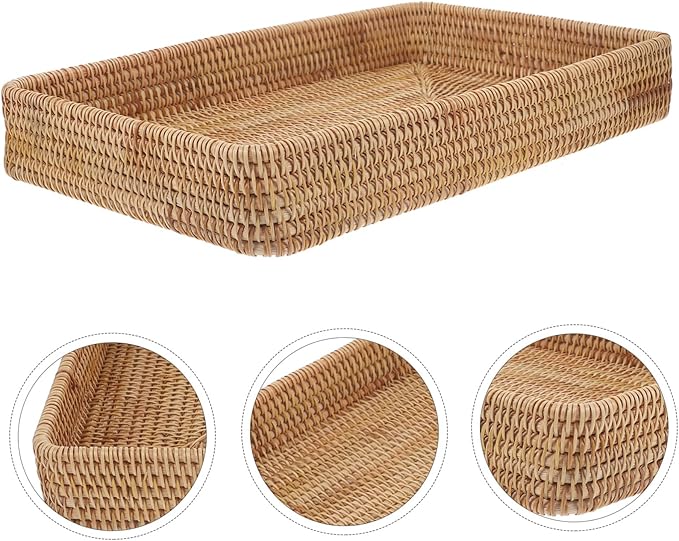 HEALLILY Rectangular Rattan Tray 14.76X9.25X1.96In Hand Woven Decorative Storage Organizer Serving Tray for Kitchen Coffee Table Bathroom