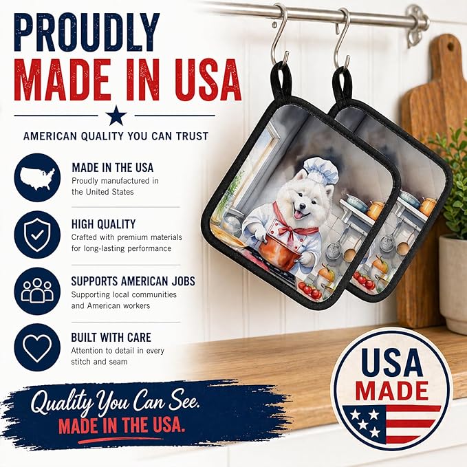 Caroline's Treasures Samoyed The Chef Pair of Pot Holders Kitchen Heat Resistant Pot Holders Sets Oven Hot Pads for Cooking Baking BBQ, 7 1/2 x 7 1/2