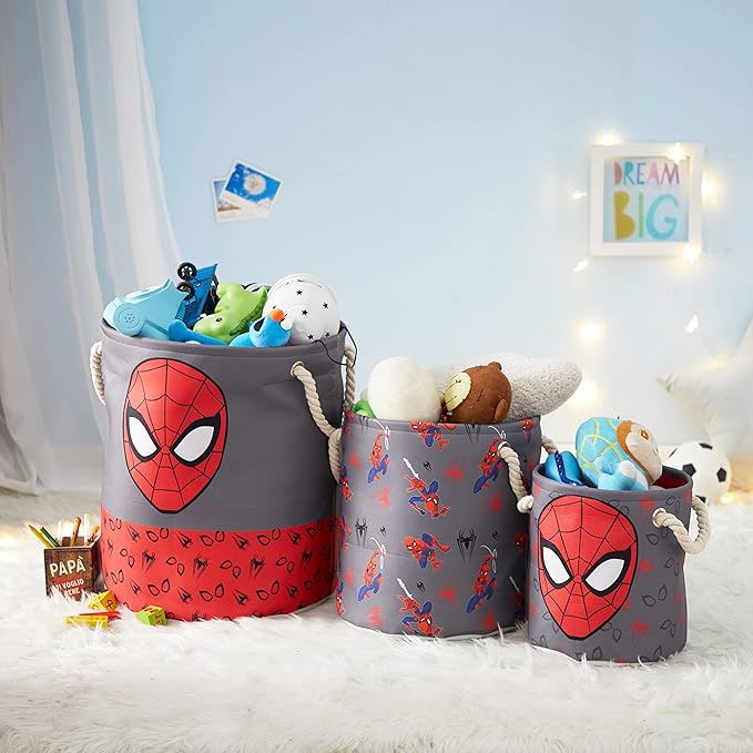 Marvel Spiderman 3-Piece Toy Storage Basket Set – Nesting Fabric Bins with Rope Handles, Multi-Size Organizer for Kids' Toys, Clothes & Accessories, Bedroom or Playroom Decor