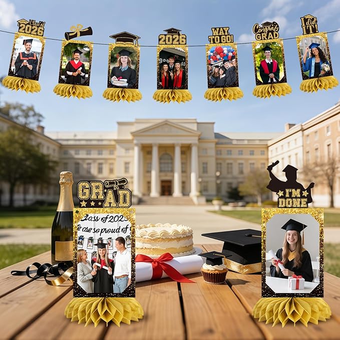 9 PCS Graduation Party Decorations Class of 2026 Honeycomb Centerpieces, Honeycomb Centerpieces for Graduation Photo Toppers Table Decorations. (Grad.Gold)