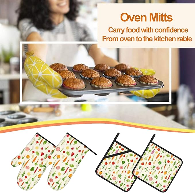 Oven Mitts and Hot Pads Set - Vegetables Pattern Funny Design, Heat Resistant Cute Pot Holders for Kitchen, Baking Gifts for Women