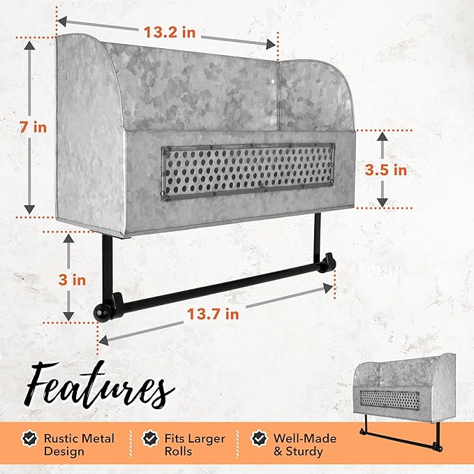 Autumn Alley Farmhouse Paper Towel Holder with Shelf - Wall Mount Paper Towel Holders - Rustic Paper Towel Holder - Farmhouse Towel Racks for Bathroom and Kitchen Wall Decor, Galvanized Grey