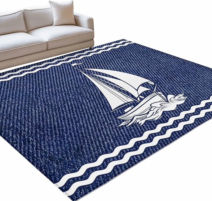 Area Rug 3x5ft, Nautical Sailing Boat on Steel Blue Washable Rugs for Living Room Bedroom, Vintage Water Waves Soft Non-Slip Area Rugs Rectangle Floor Carpet for Dining Room