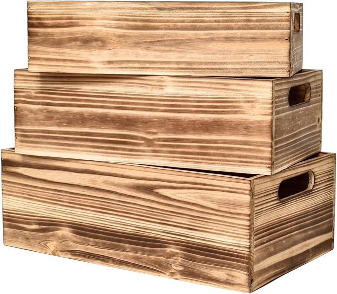 Set of 3 Wooden Boxes for Storage Small Crates for Display and Organizing, Farmhouse Style Storage Boxes for Crafts, Decor, Home Pantry and Living Room