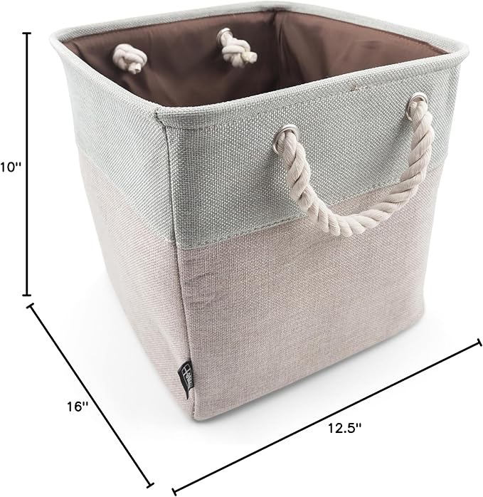 HYGGE + Linen Storage Bin Basket 12" x 12" x 10" Durable fabric & lightweight design. Great for storing toys, books, linens, games, clothing, baby products & more! (2 PACK, SAGE/WHITE)