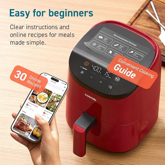 Cosori Air Fryer 2.1 Qt, 4-in-1 Small Mini Airfryer, Bake, Roast, Reheat, 97% Less Oil, Compact & Quiet, Nonstick & Dishwasher Safe Basket, 30 In-App Recipes with Nutrition Facts, Auto-Shut Off, Red