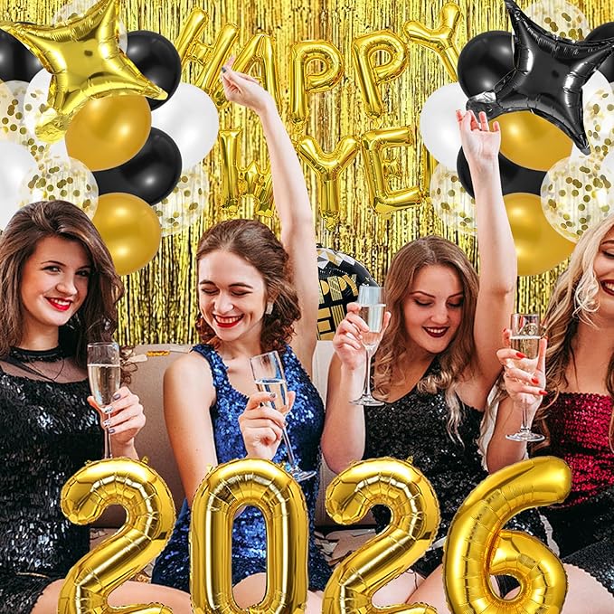 Happy New Year Party Decoration, 2026 Happy New Year Foil Balloon Banner and Metallic Curtains Photography Backdrops Party Decorations for NYE Party Supplies