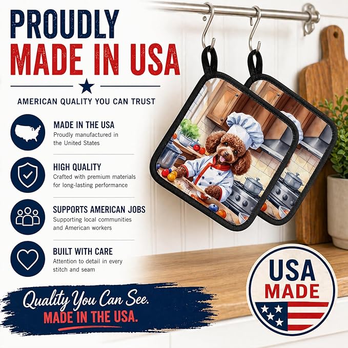 Caroline's Treasures Chocolate Poodle The Chef Pair of Pot Holders Kitchen Heat Resistant Pot Holders Sets Oven Hot Pads for Cooking Baking BBQ, 7 1/2 x 7 1/2