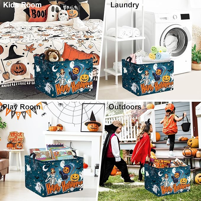 Clastyle Halloween Pumpkin Storage Basket Kid Spooky Book Gift Basket Empty Outdoor Graveyard Jack-o-lantern Boo Bin Baby Nursery Clothes Hamper Toy Box,Skeleton,40*30*30 cm