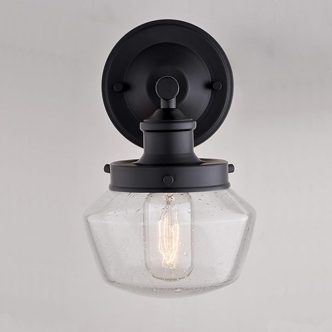 VAXCEL Collins 9.5 in. H 1-Light Matte Black Farmhouse Outdoor Wall Sconce Made of Durable Steel, Clear Seeded Glass Shade, LED Compatible, Use for Exterior Porch Patio Front Door or Garage