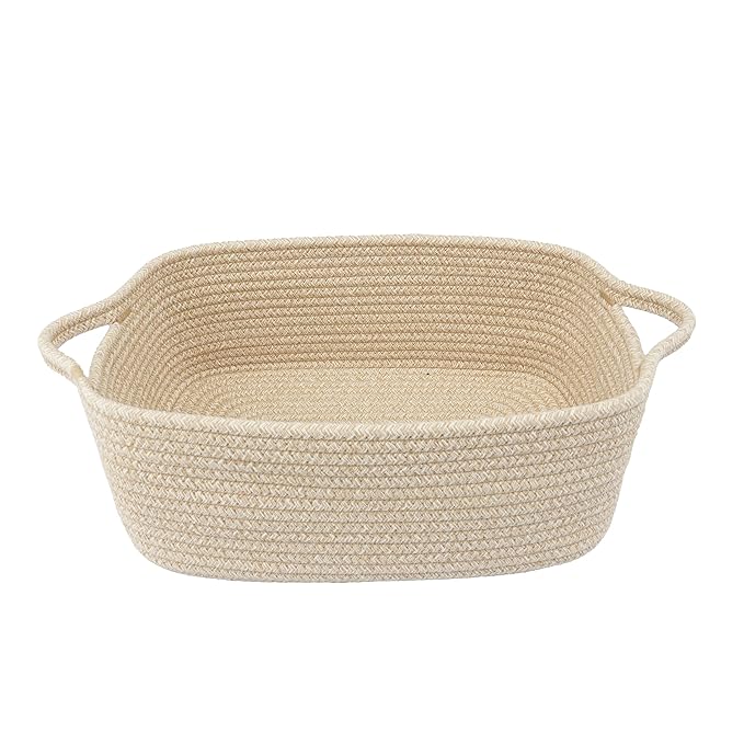 XUANGUO Woven Cotton Rope Storage Basket with Handles for Organizing Shelves Closet Small Cat Dog Pet Toy Baskets Box Bin Decorative Rectangle Baby Nursery Basket Gift Basket Empty oatmeal