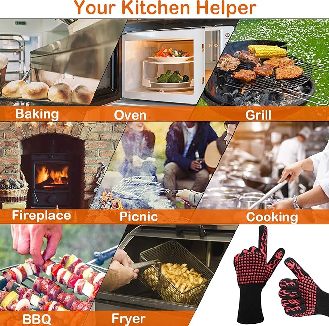 BBQ Grill Gloves, 1472°F Extreme Heat Resistant Grilling Gloves Non-Slip Oven Mitts Potholder, Perfect for Barbecue, Cooking, Baking, Fireplace, Smoker - 1 Pair (Red)