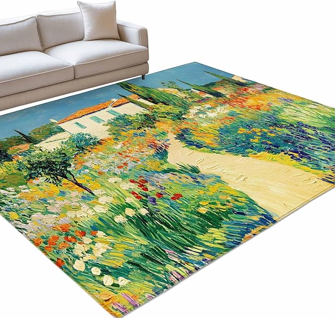 Area Rug 9x12ft, Pastoral Floral Pink Yellow Flower Green Leaves Washable Rugs for Living Room Bedroom Rectangle Floor Carpet, Farm Plants Soft Non-Slip Area Rugs for Dining Room