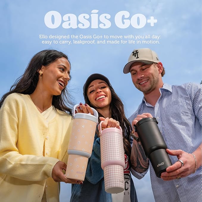 Ello Oasis Go+ 26oz Tumbler with Top Handle and Retracting Straw | Reusable Insulated Stainless Steel Cup, 100% Leakproof Water Bottle, 24 Hours Cold, Cup Holder Friendly For Travel | Orchid