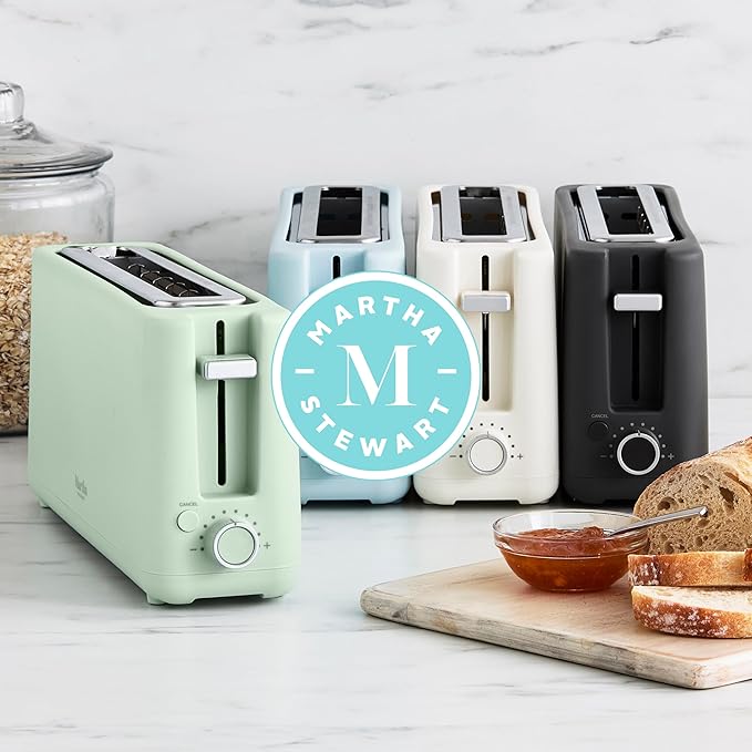 Martha Stewart 2 Slice Long Slot Toaster, Extra Wide for Sourdough & Bagels, 10 Setting Shade Control, Removable Crumb Tray, Self-Centering Design, Defrost/Reheat, Cancel, Slim Space-Saving, Sky Blue