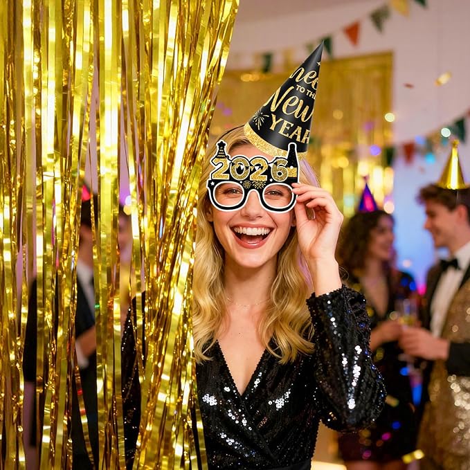 New Year Decorations 2026, Black Gold New Years Eve Party Supplies 2026 with Happy New Year Banner Cone Hat Paper Glasses Fringe Curtains 32inch 2026 Balloons for Happy New Years 2026 Decorations