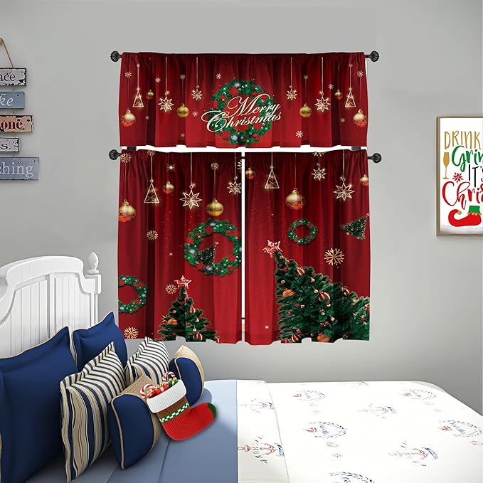 Christmas Valances Curtain Set - Red and Green Christmas Tree and Wreath Pattern, Rod Pocket 3 Panels for Kitchen Bedroom Bathroom Window Decor