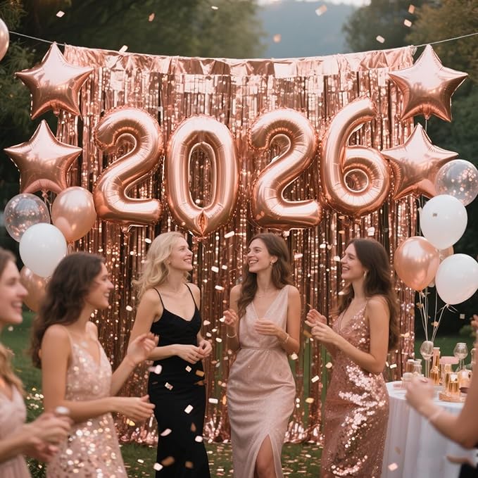 JOJO FLY New Years Eve Party Decorations Kit, Rose Gold 2026 Balloons, Rose Gold and White Balloons Set, Foil Curtain, Graduation Decorations, New Years Eve Party Supplies 2026