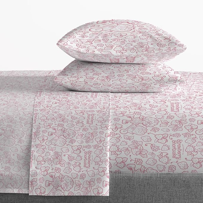 Jay Franco Kids Sheet Set with Fitted, Flat Sheets & Pillow Cover - Ultra-Soft Bedding with Pillowcase for Room Decor, Pink - Strawberry Shortcake, 4 Piece Queen