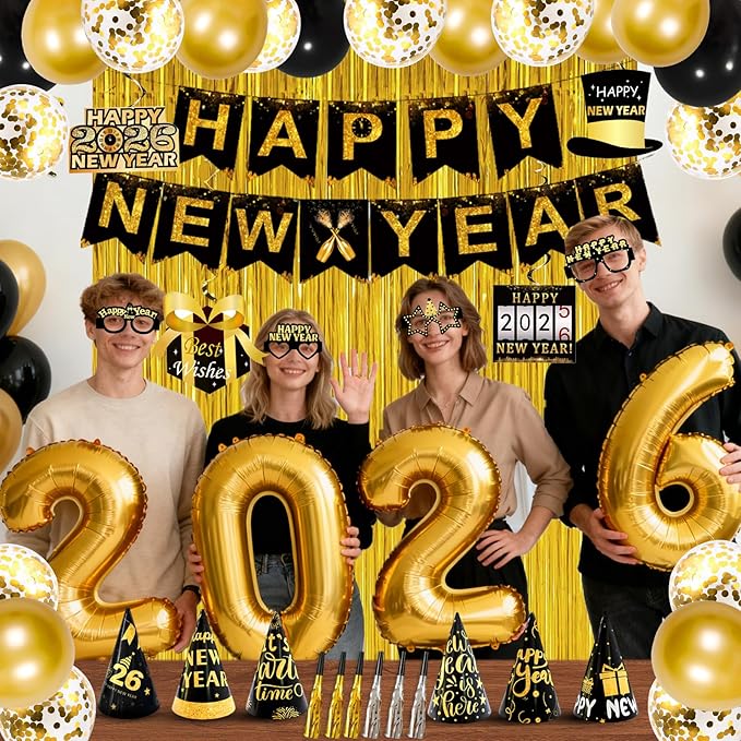 2026 New Years Decorations Set, New Years Eve Party Supplies 2026, "HAPPY NEW YEAR" Banner, "2025" Foil Balloon, Photo Props, Hats, Balloon Party Kit, Fringe Curtain